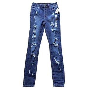 Refuge | Dark blue distressed women's high rise jegging skinny jean